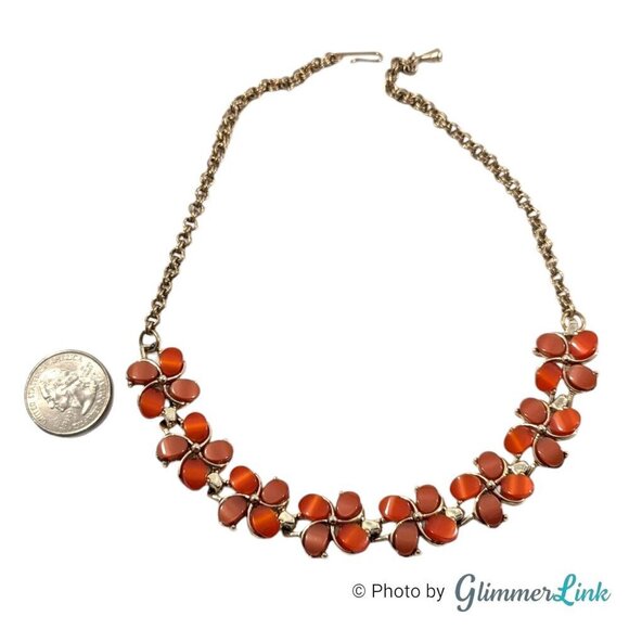Vintage Red Orange Lucite Thermoset Floral Gold Tone Necklace - Picture 5 of 7